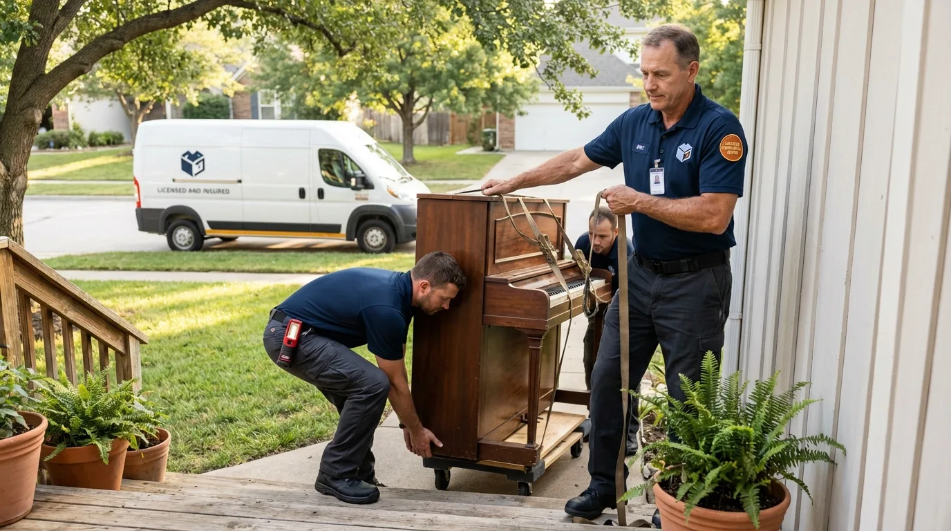 Licensed piano movers securing grand piano in Gettysburg, SD