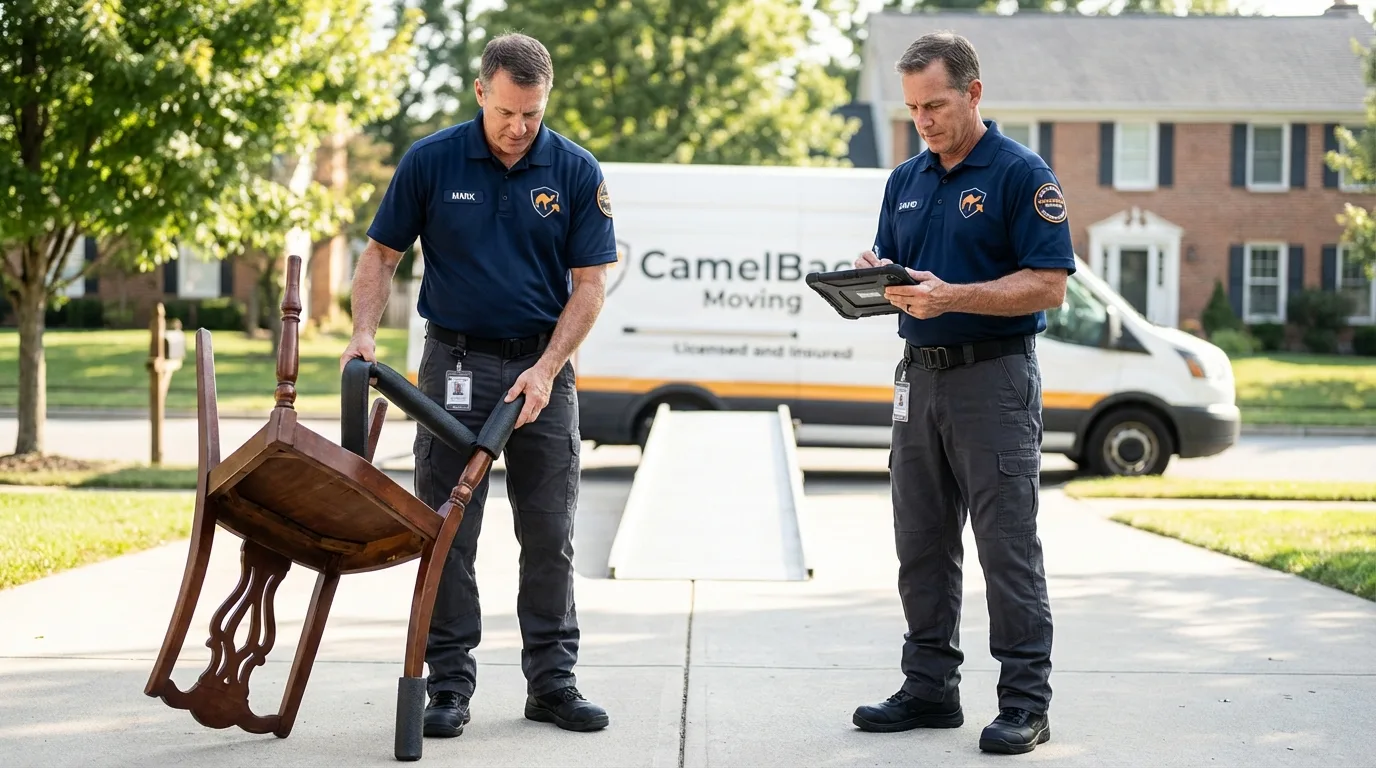 Movers inspecting furniture for damage prevention before loading in Gettysburg, SD