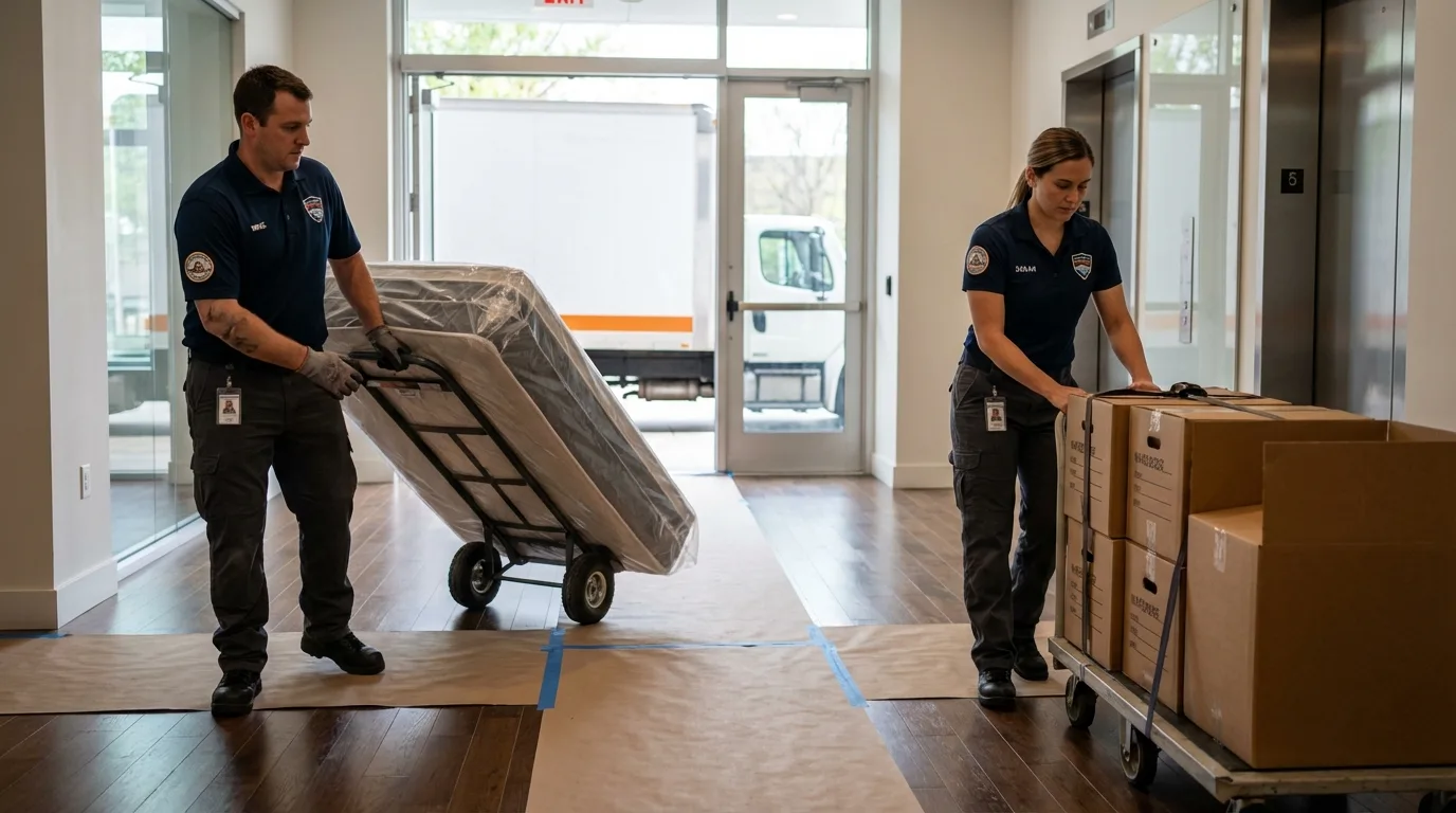 Professional apartment movers loading elevator in Gettysburg, SD