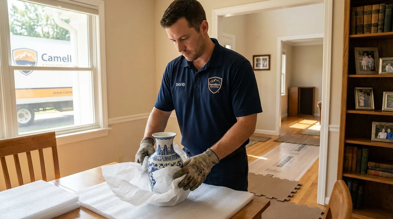 Professional crew carefully wrapping antique vase for senior downsizing move in Gettysburg, SD